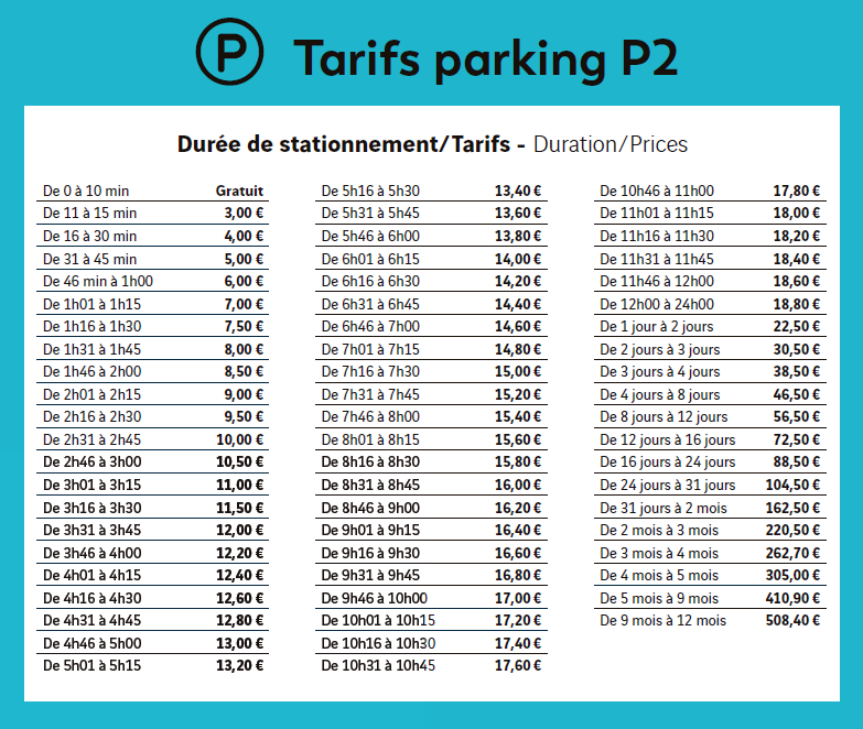 Tarifs parking 2025-2026
