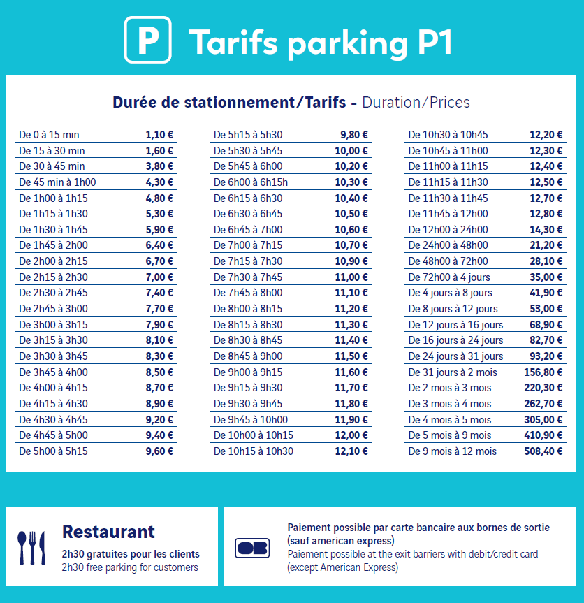 Tarifs parking P1